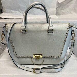 Chic Silver Satchel with Gold Details